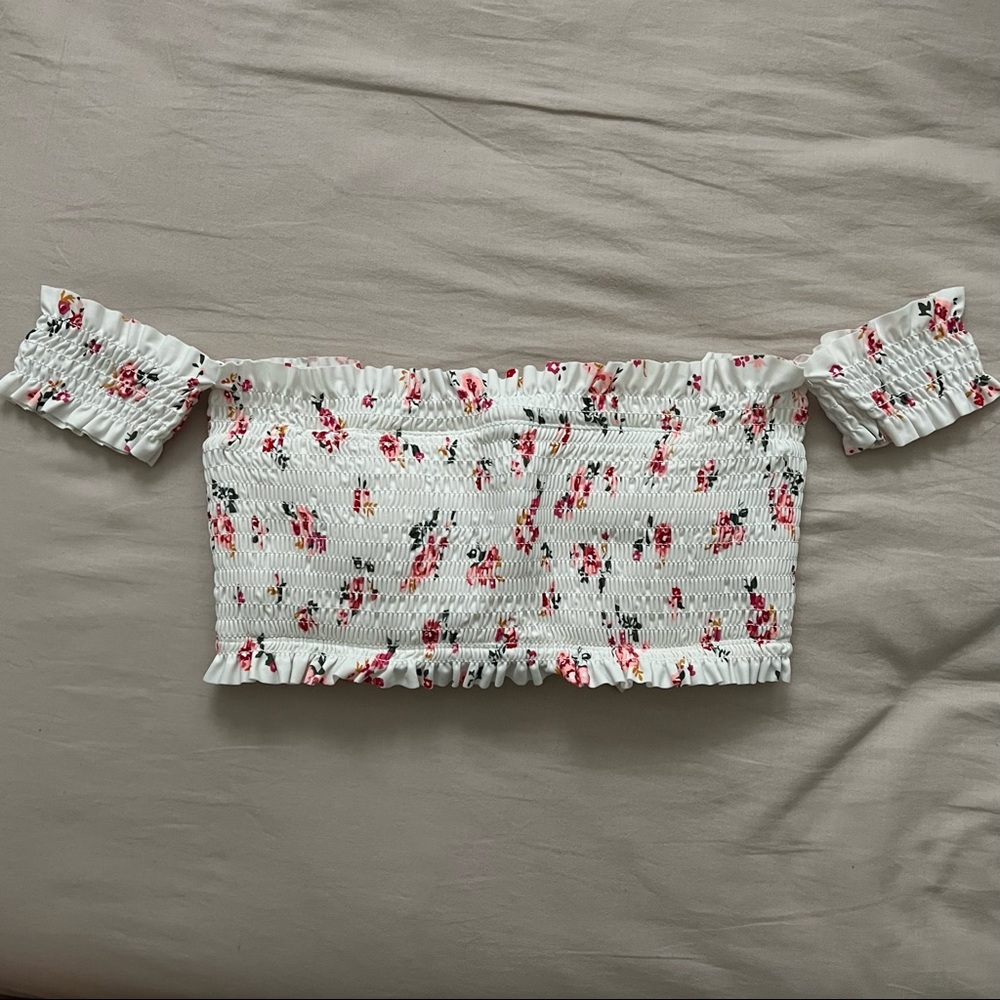 XHILARATION Off the Shoulder Smocked Floral Swim Top